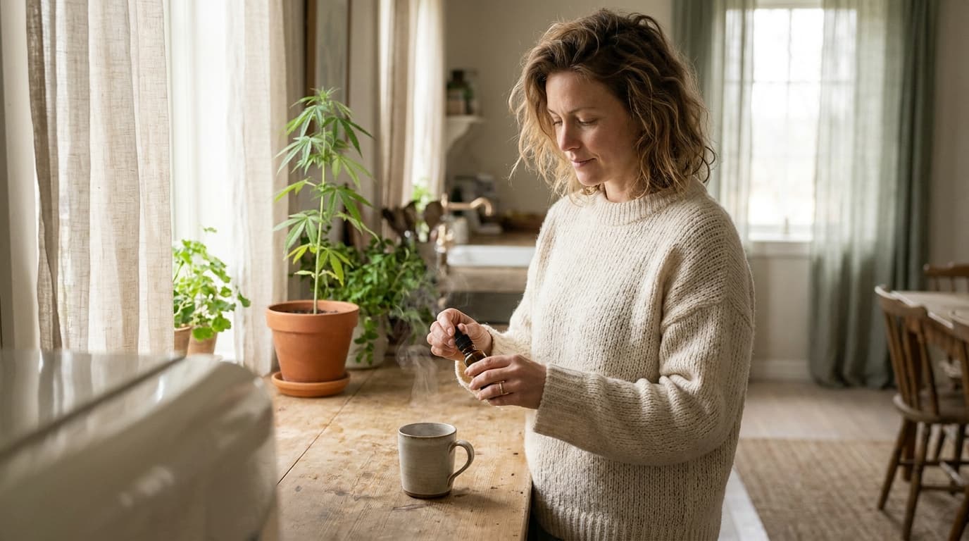 A woman beginning her morning ritual with botanCBD oil and coffee in a sunlit kitchen