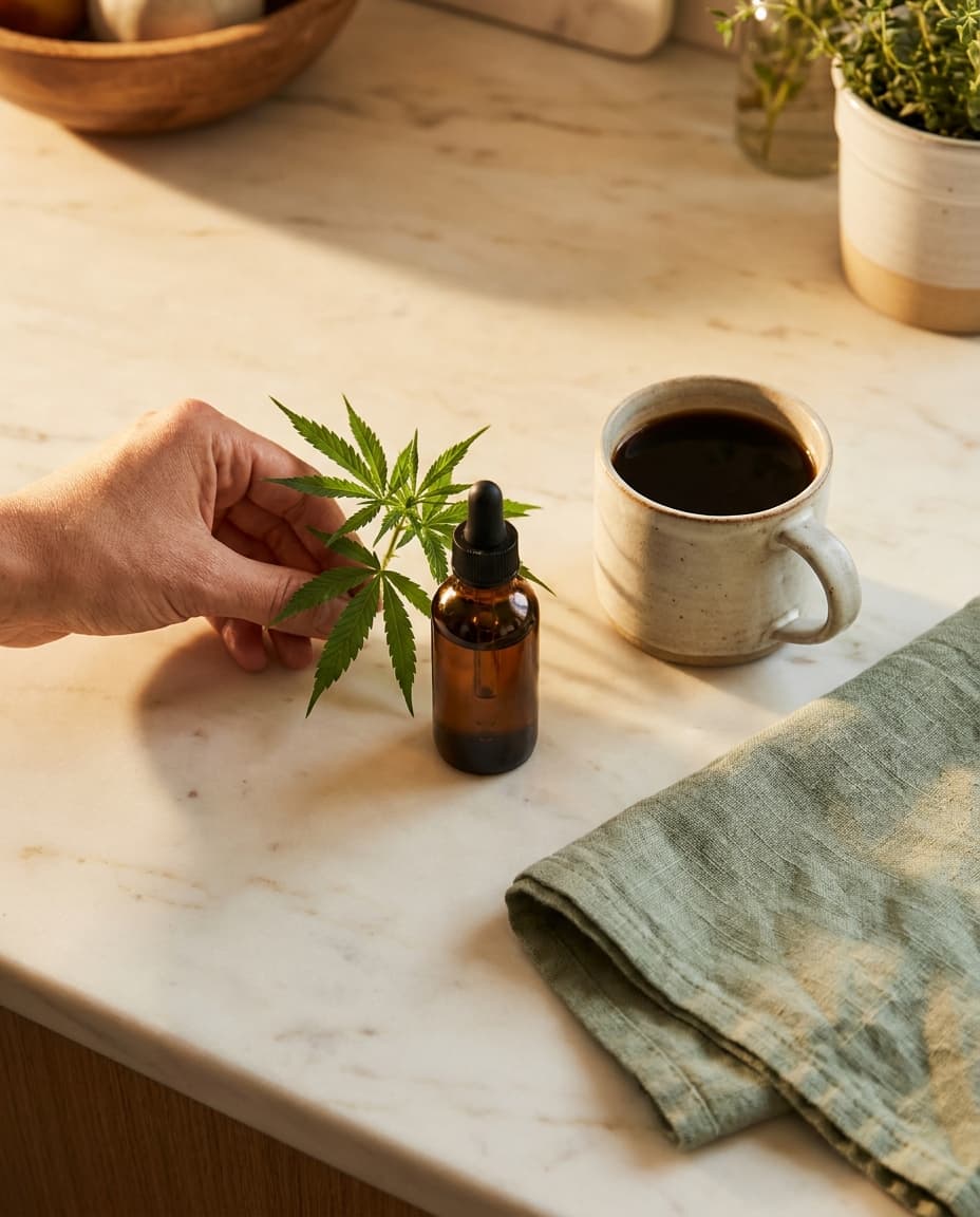 botanCBD full-spectrum oil with morning coffee